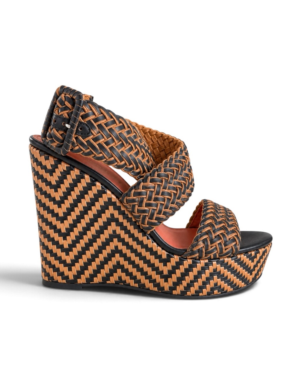 Via Spiga Woven Leather Platform Wedge Sandals Black Tan Buckle Size 8.5